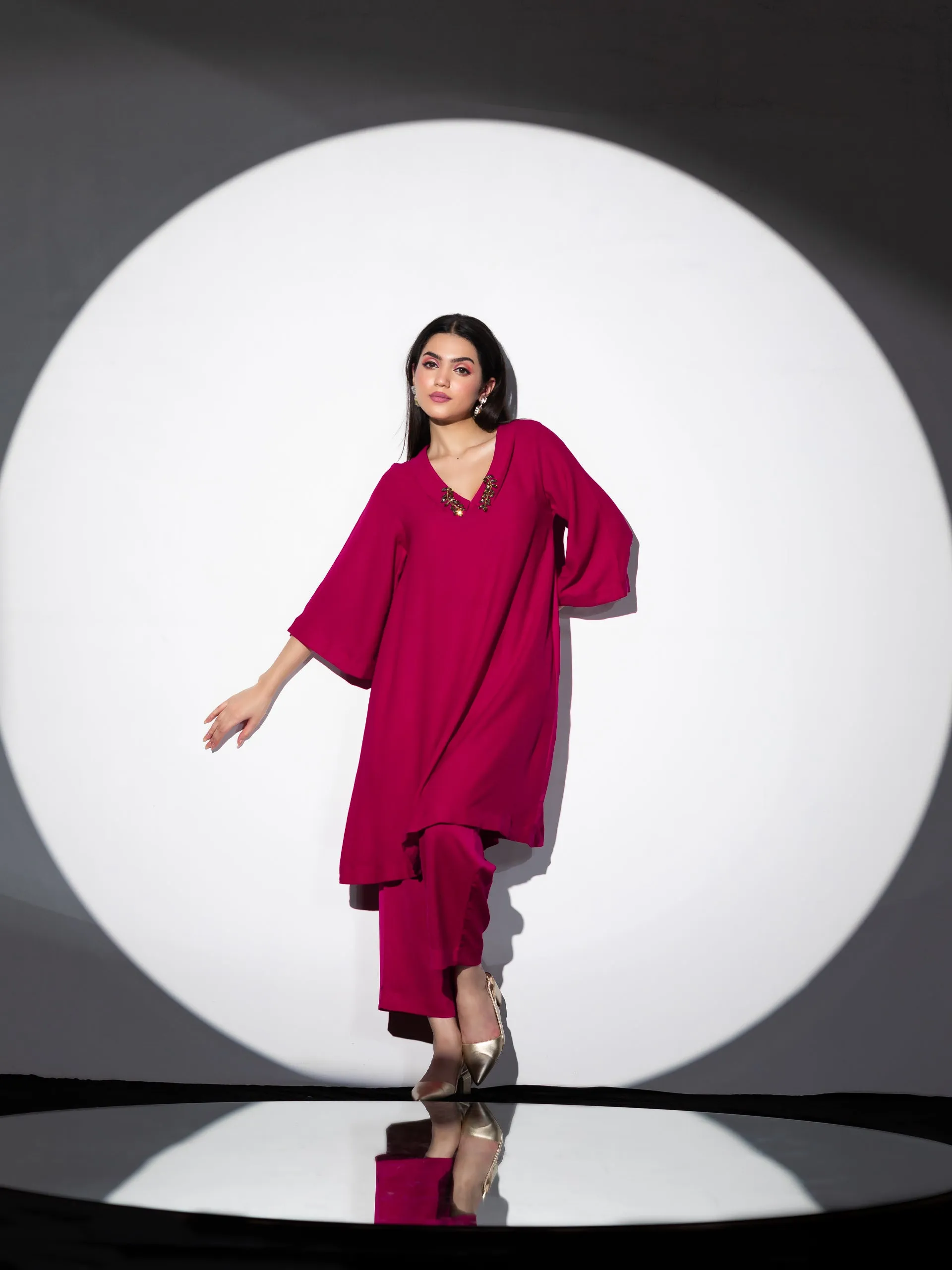 2 Piece Set | Power Pink Korean Fabric Kurta with Glass Beads on Collar with Pants