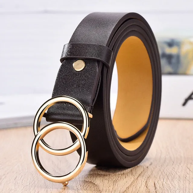 2020 New Designer's Famous Brand Leatherhigh Quality Belt Fashion Alloy Double Ring Circle Buckle Girl Jeans Dress Wild Belts