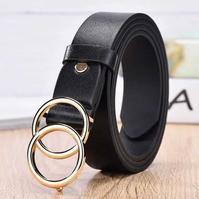 2020 New Designer's Famous Brand Leatherhigh Quality Belt Fashion Alloy Double Ring Circle Buckle Girl Jeans Dress Wild Belts