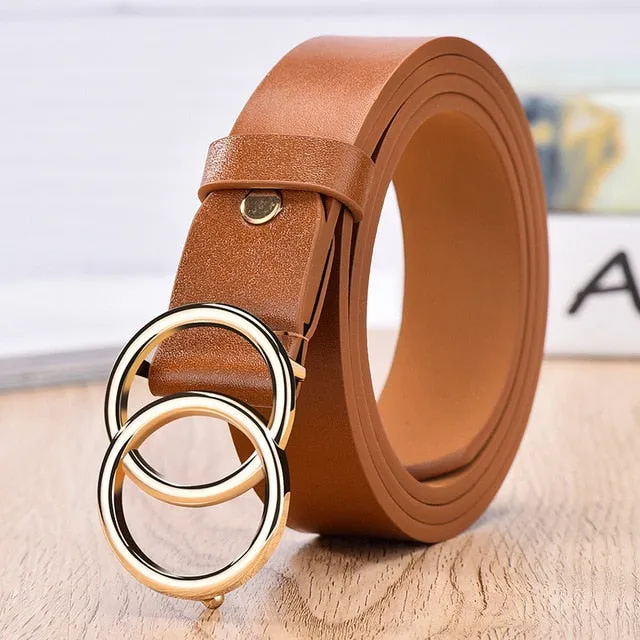 2020 New Designer's Famous Brand Leatherhigh Quality Belt Fashion Alloy Double Ring Circle Buckle Girl Jeans Dress Wild Belts