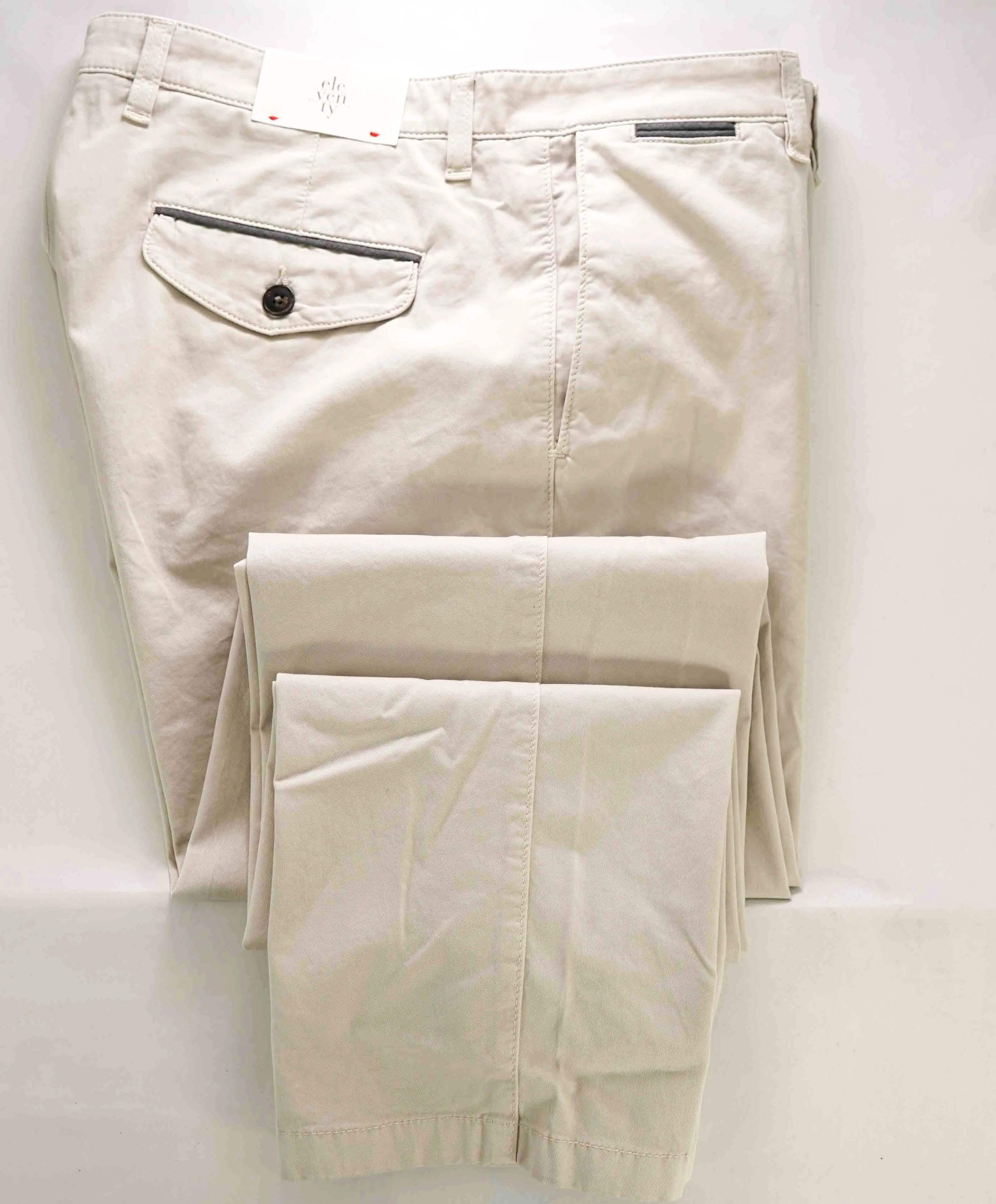 $295 ELEVENTY - Contrast Piping Neutral Beige Cotton Chino Pants - 34W
