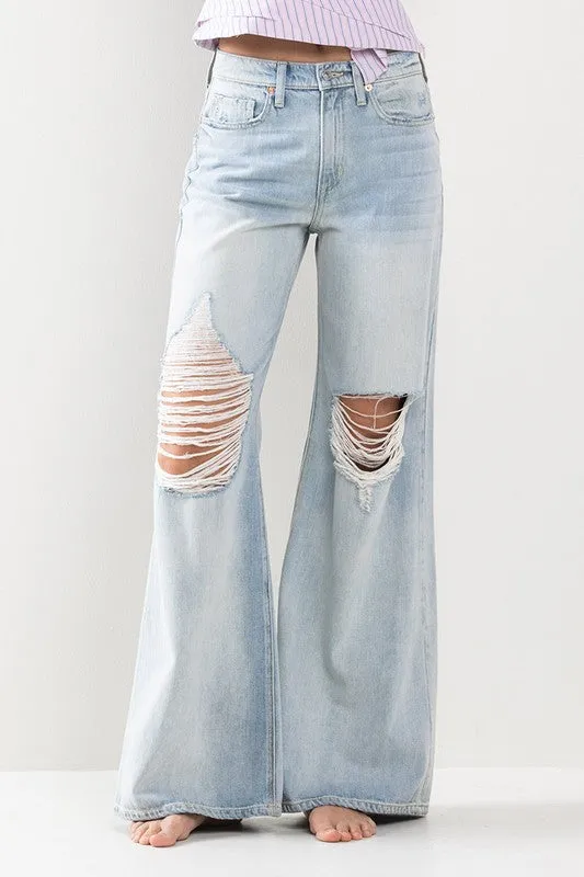 Amy Light Distressed Wide Leg Jeans