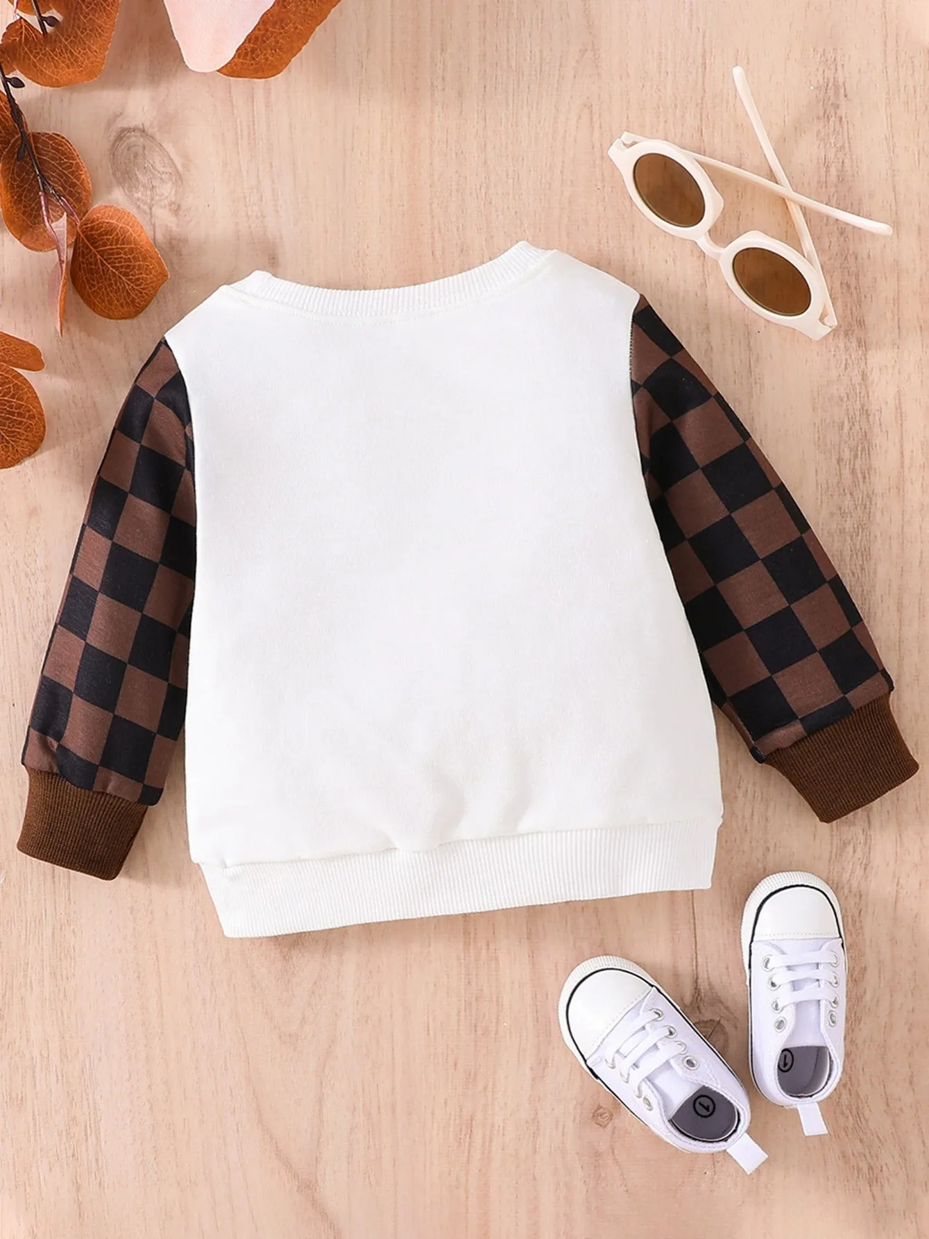 Baby Boy Casual Colorblock Plaid Letter Print Sweatshirt