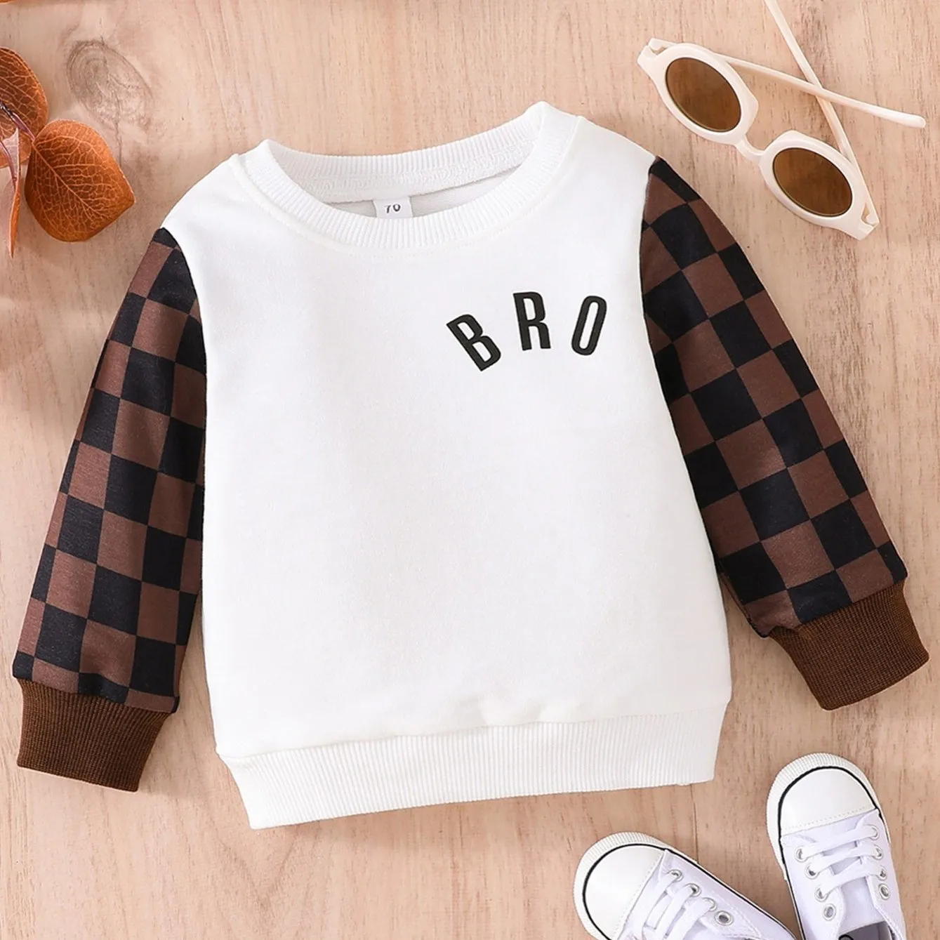 Baby Boy Casual Colorblock Plaid Letter Print Sweatshirt