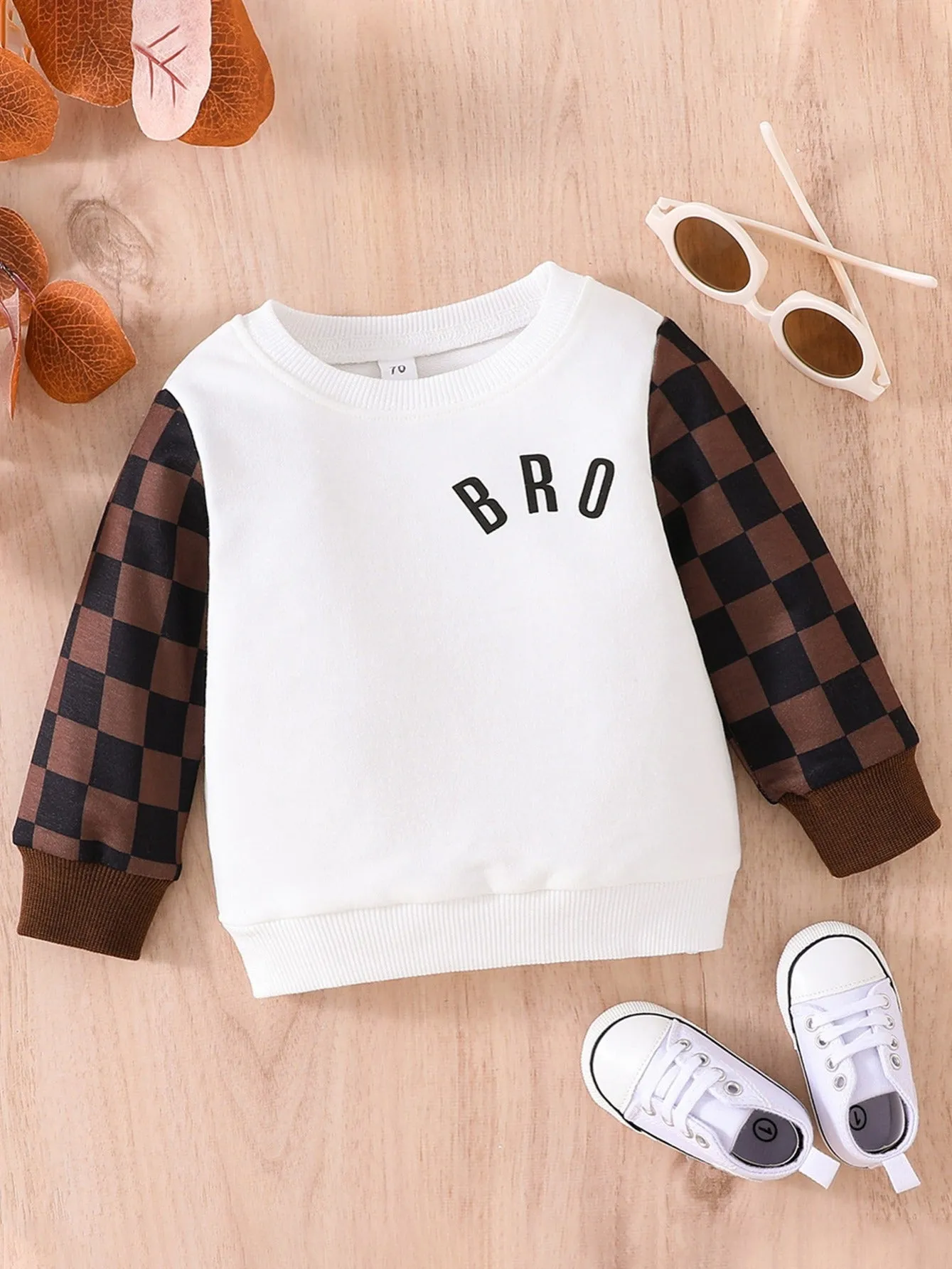 Baby Boy Casual Colorblock Plaid Letter Print Sweatshirt
