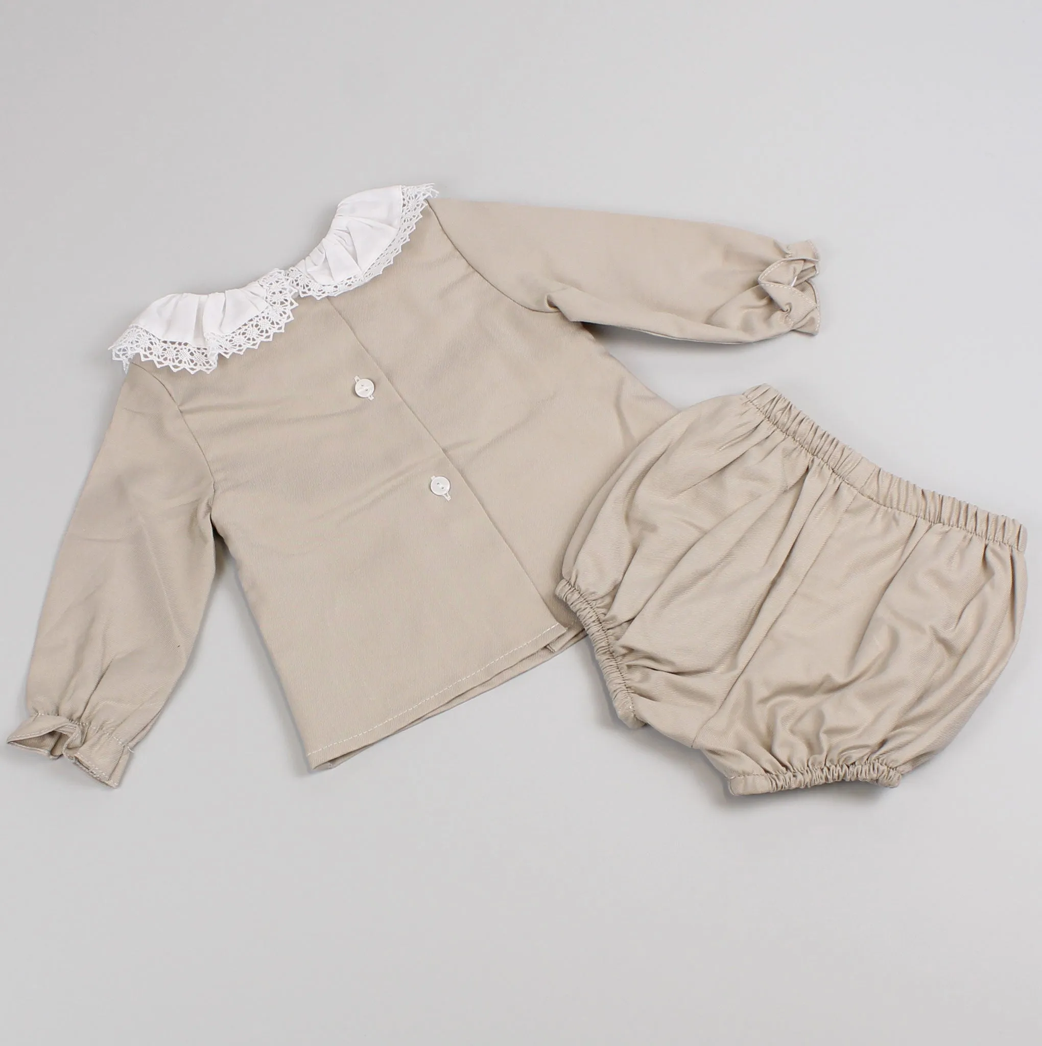 Baby Girls Beige Smocked Long Sleeve Outfit - With Jam Pants