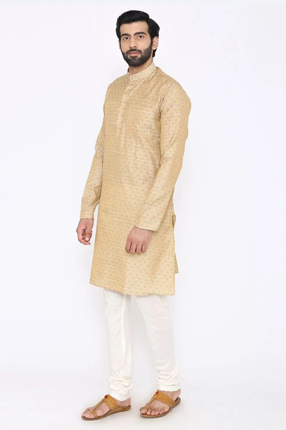 Banarasi Art Silk Cotton Blend Beige Long Kurta Pajama