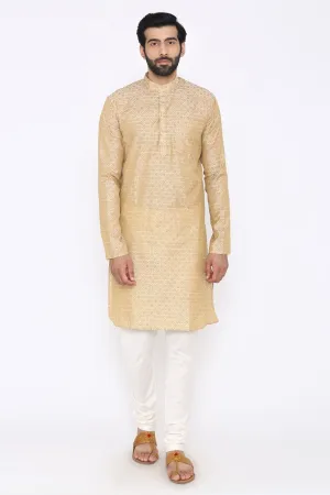 Banarasi Art Silk Cotton Blend Beige Long Kurta Pajama