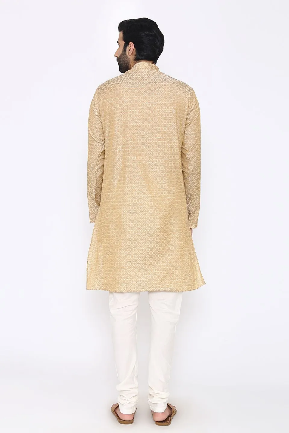 Banarasi Art Silk Cotton Blend Beige Long Kurta Pajama