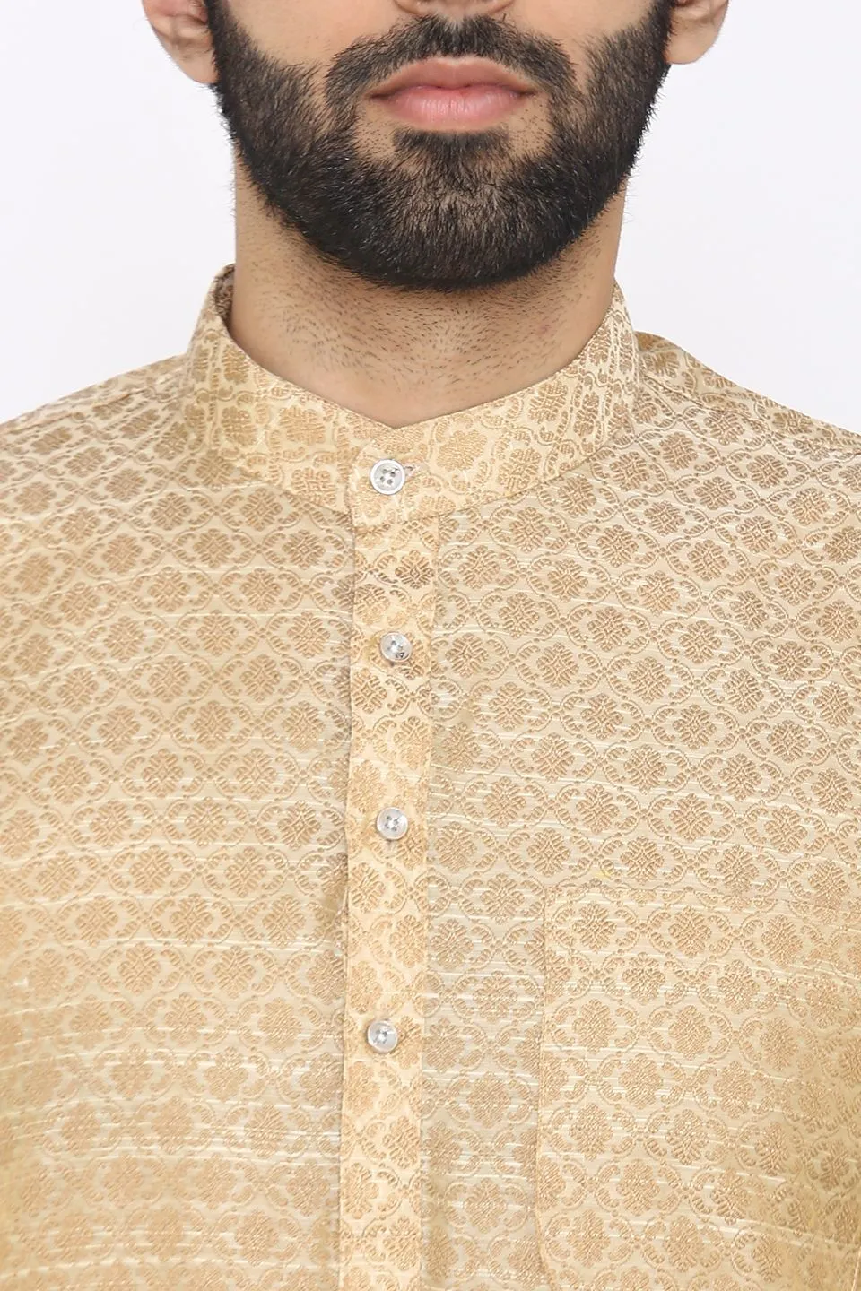 Banarasi Art Silk Cotton Blend Beige Long Kurta Pajama