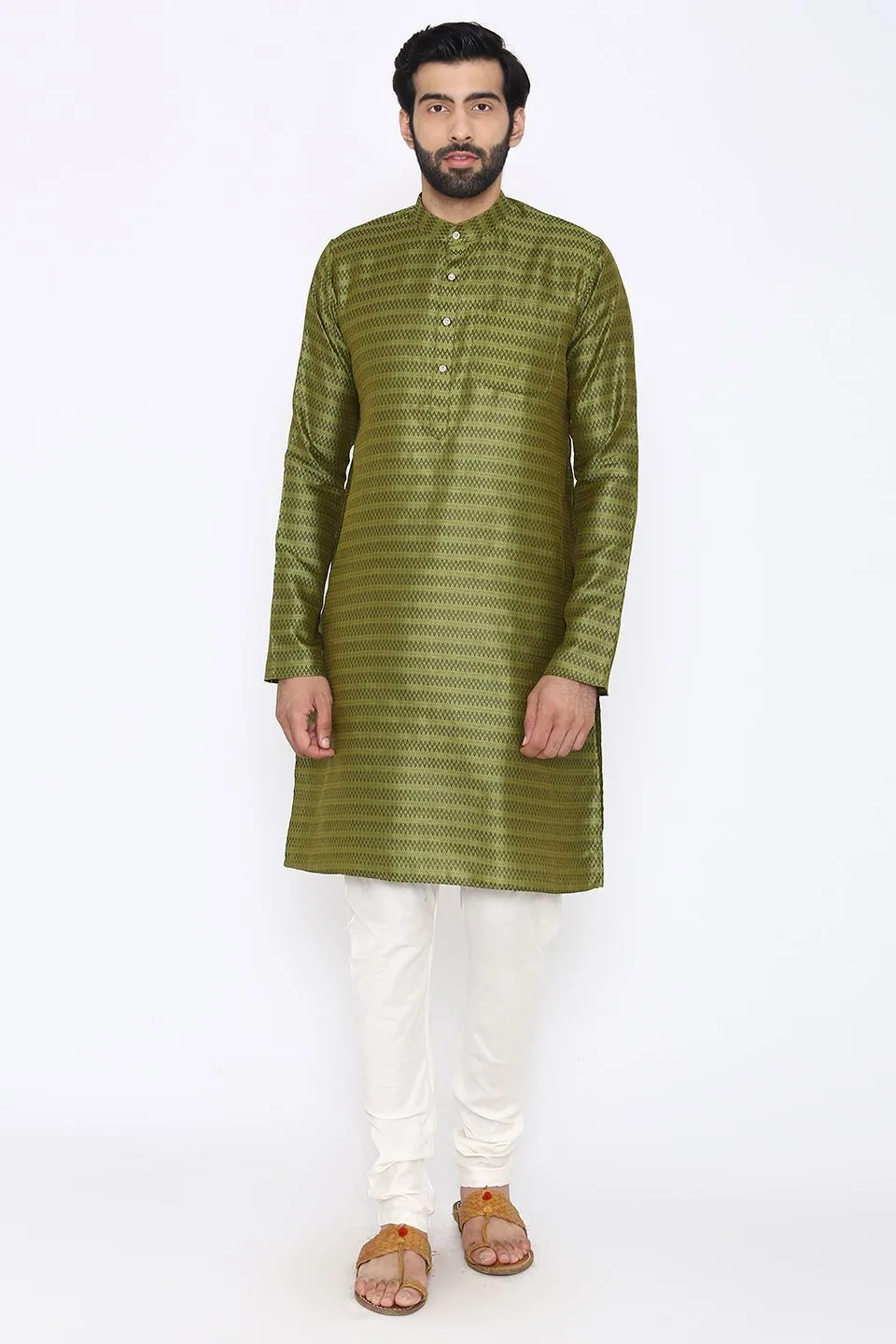 Banarasi Art Silk Cotton Blend Green Long Kurta Pajama