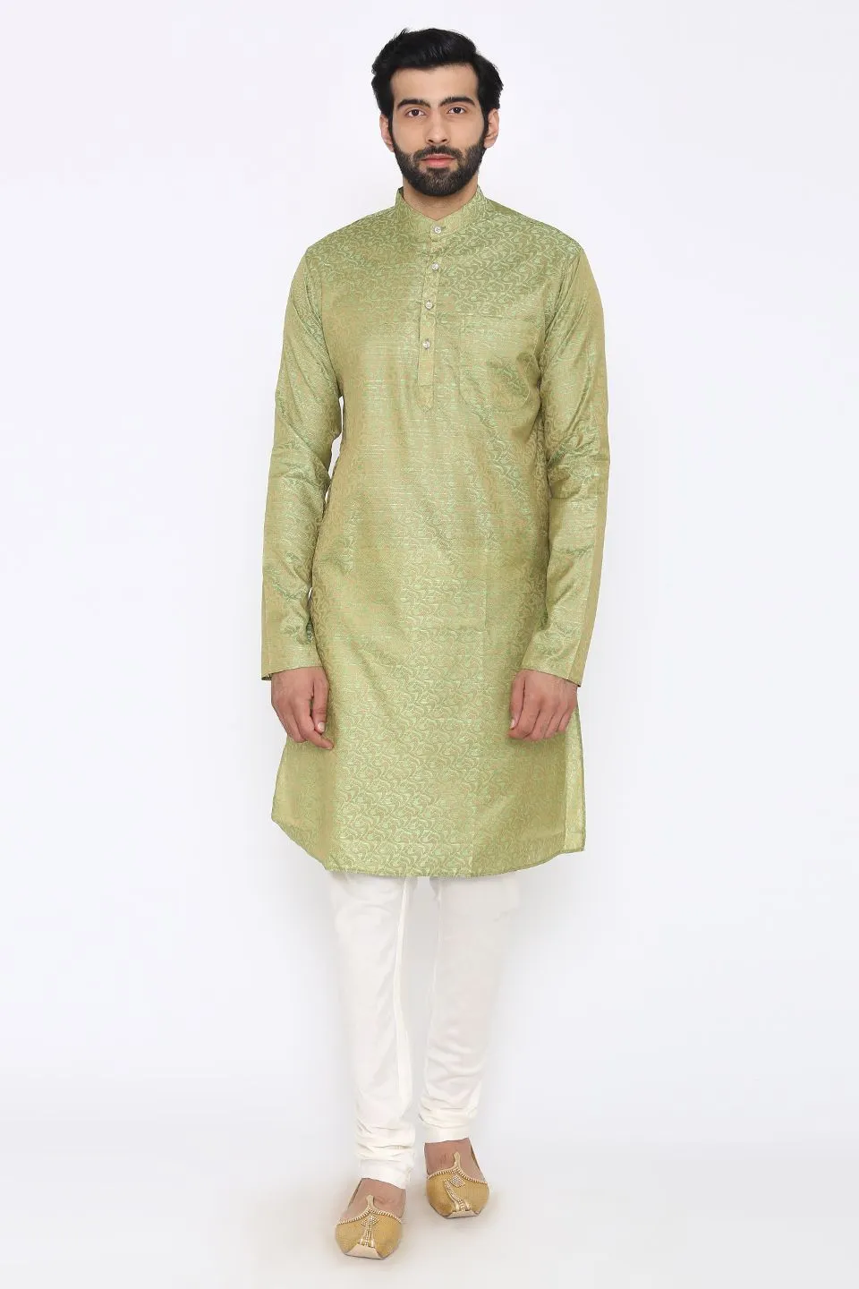 Banarasi Art Silk Cotton Blend Green Long Kurta Pajama