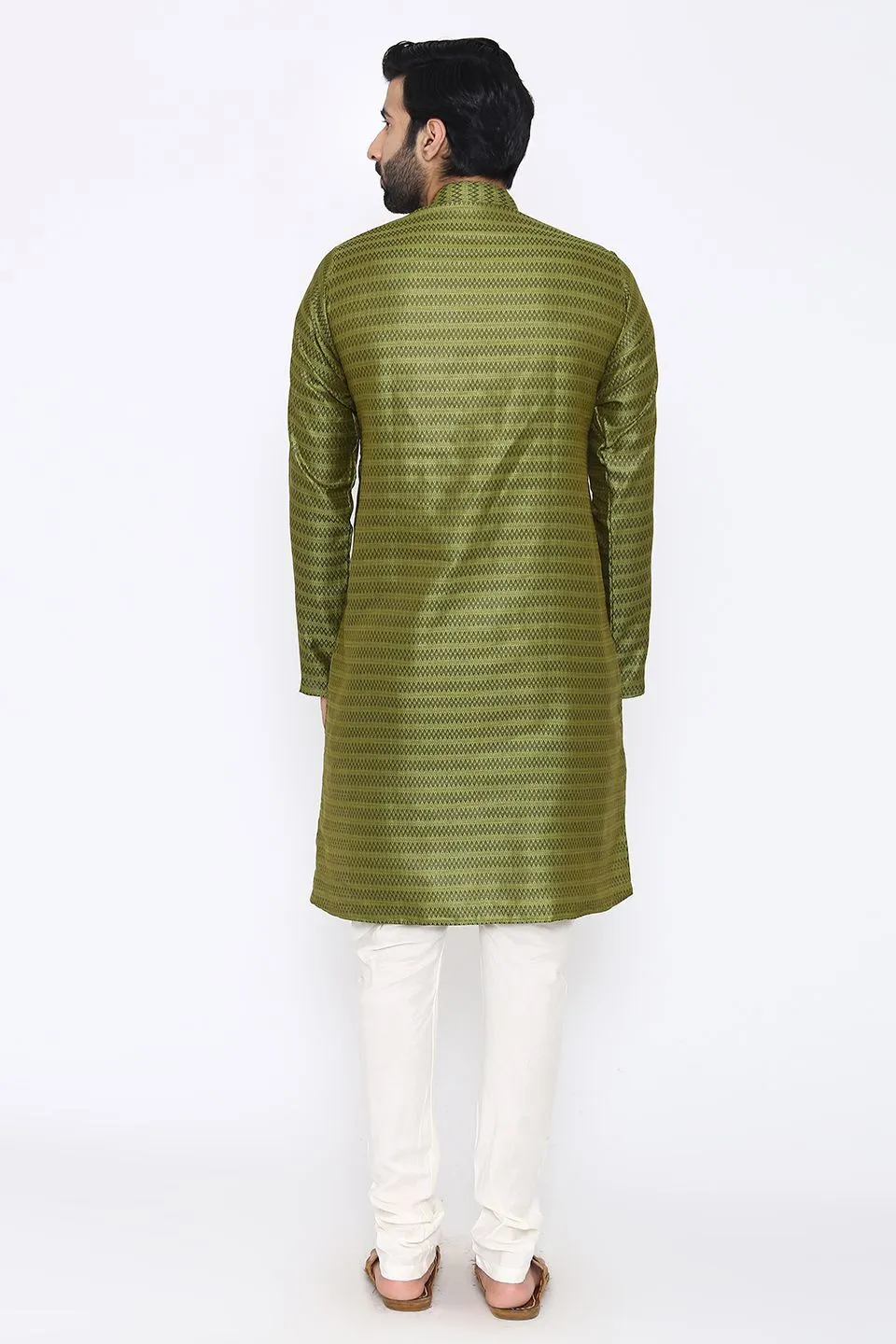Banarasi Art Silk Cotton Blend Green Long Kurta Pajama