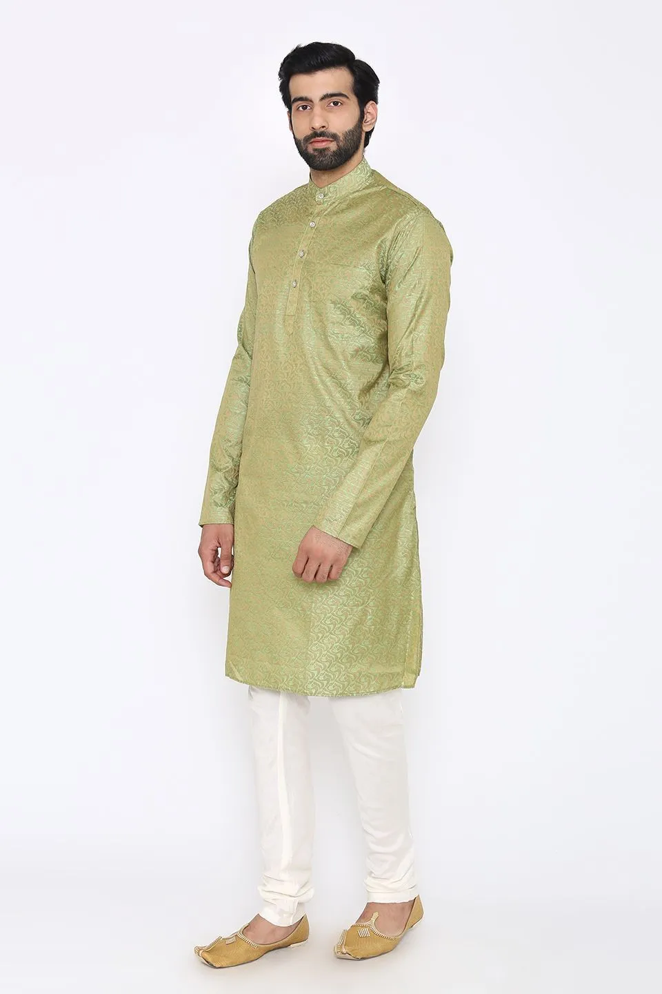 Banarasi Art Silk Cotton Blend Green Long Kurta Pajama