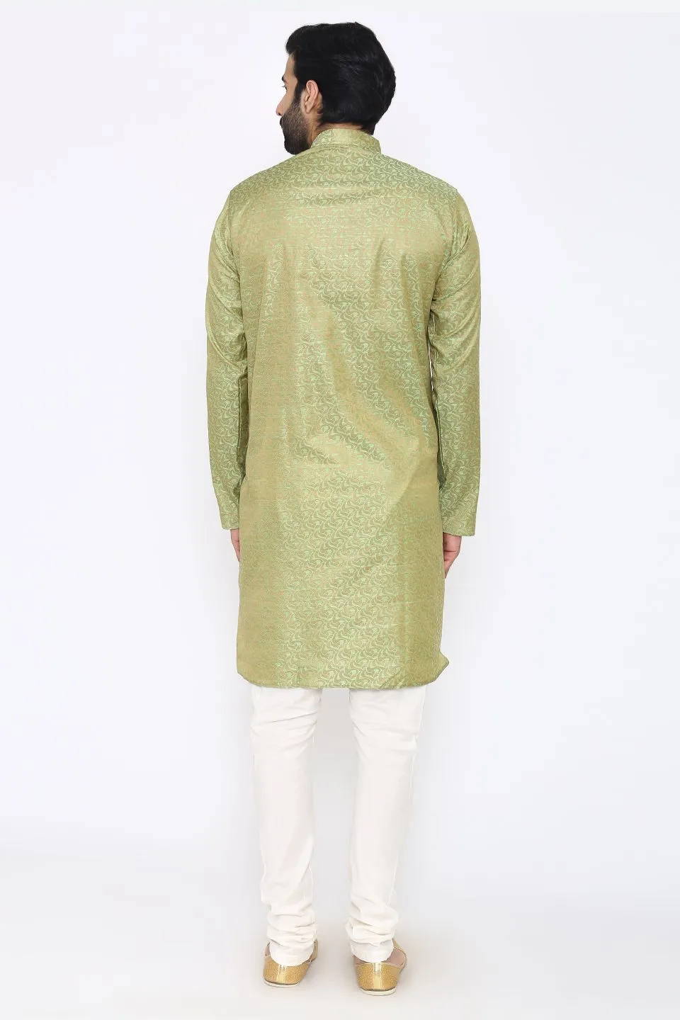 Banarasi Art Silk Cotton Blend Green Long Kurta Pajama