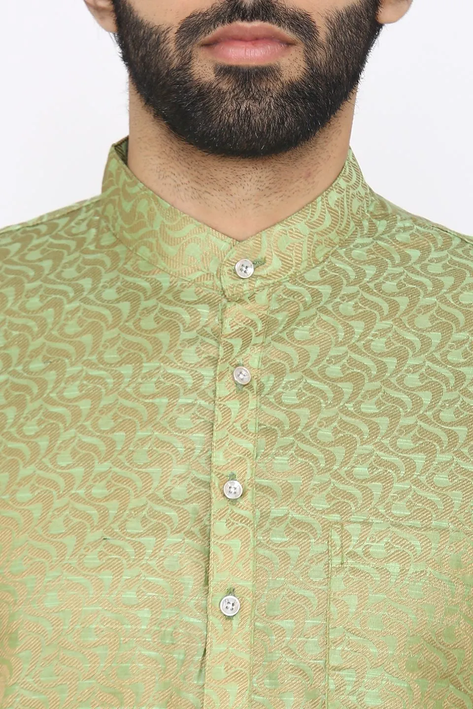 Banarasi Art Silk Cotton Blend Green Long Kurta Pajama