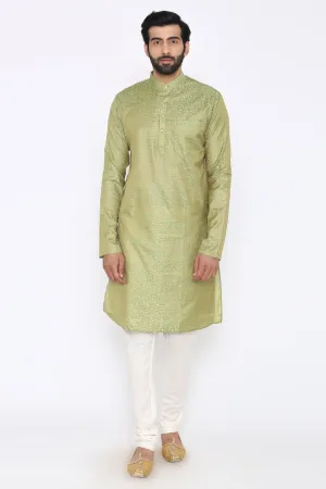 Banarasi Art Silk Cotton Blend Green Long Kurta Pajama