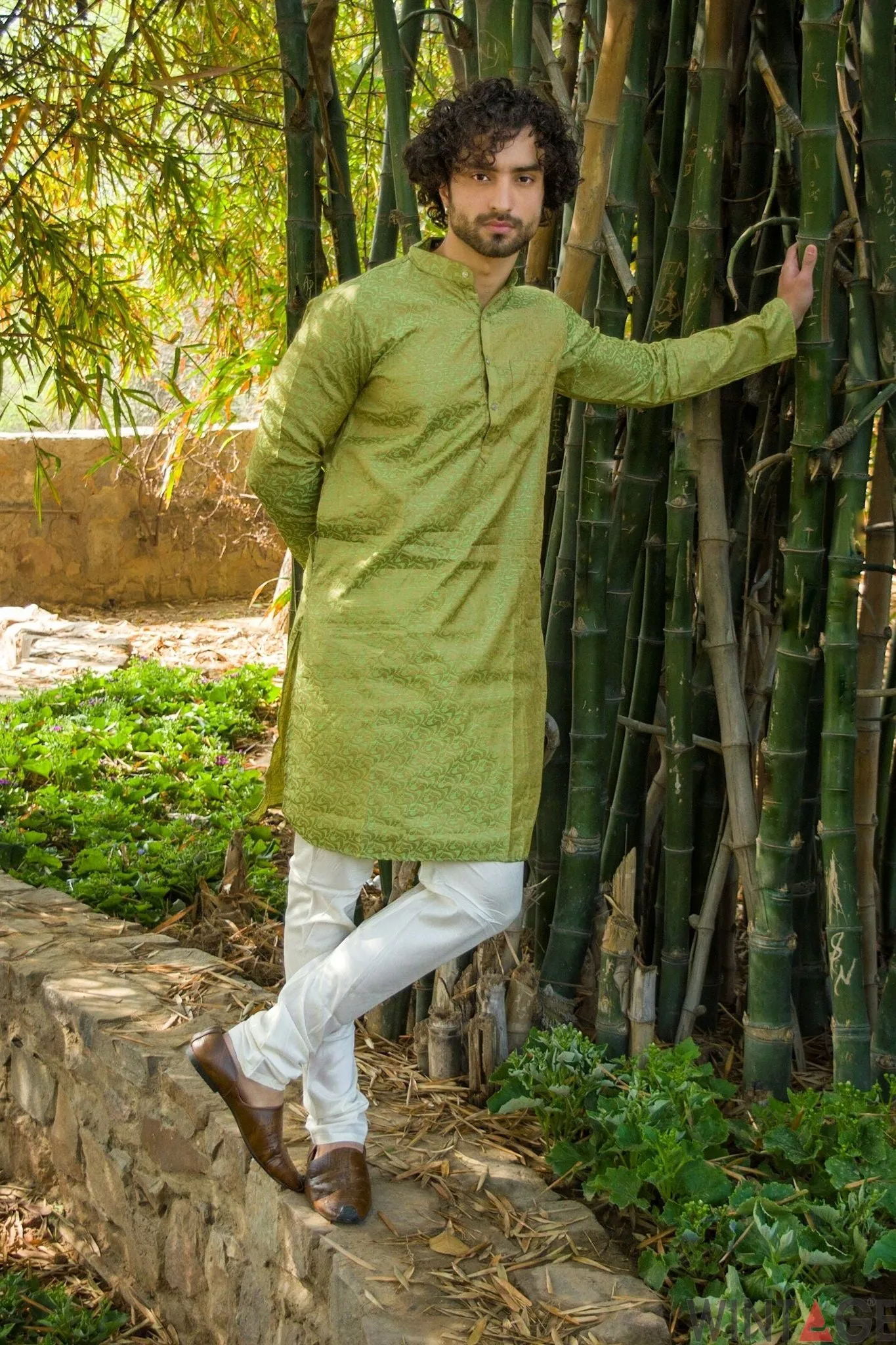 Banarasi Art Silk Cotton Blend Green Long Kurta Pajama