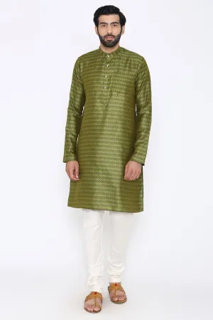 Banarasi Art Silk Cotton Blend Green Long Kurta Pajama