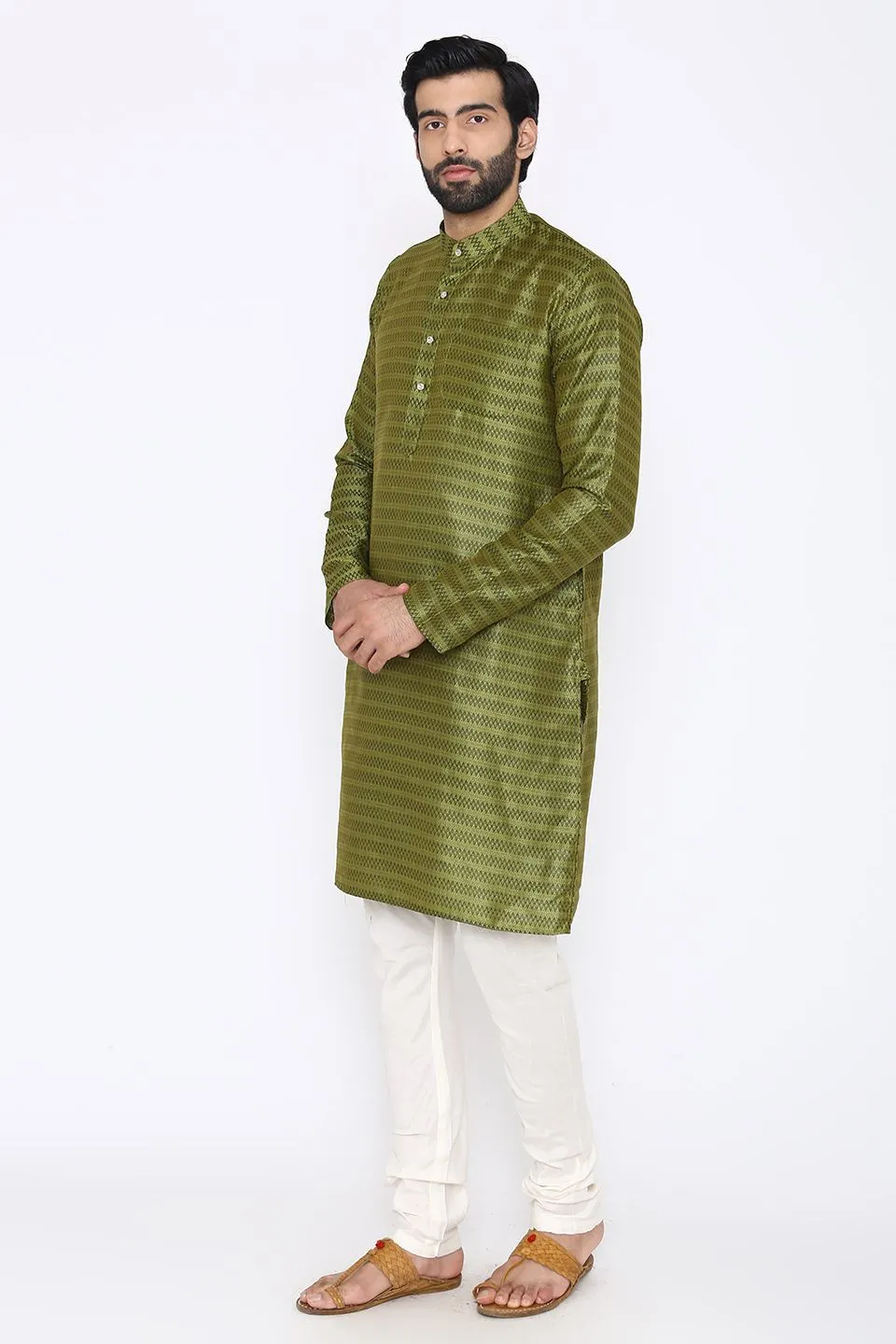Banarasi Art Silk Cotton Blend Green Long Kurta Pajama