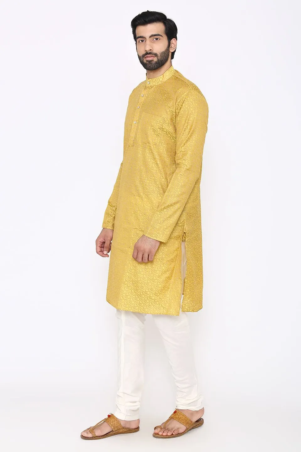 Banarasi Art Silk Cotton Blend Yellow Long Kurta Pajama