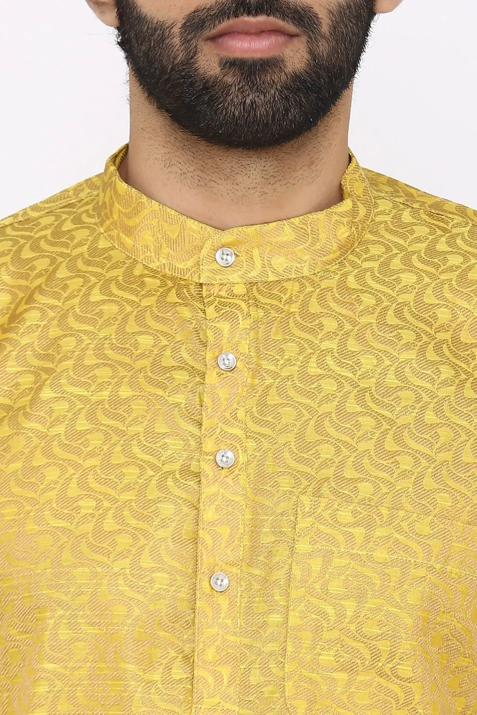 Banarasi Art Silk Cotton Blend Yellow Long Kurta Pajama