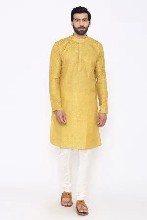 Banarasi Art Silk Cotton Blend Yellow Long Kurta Pajama