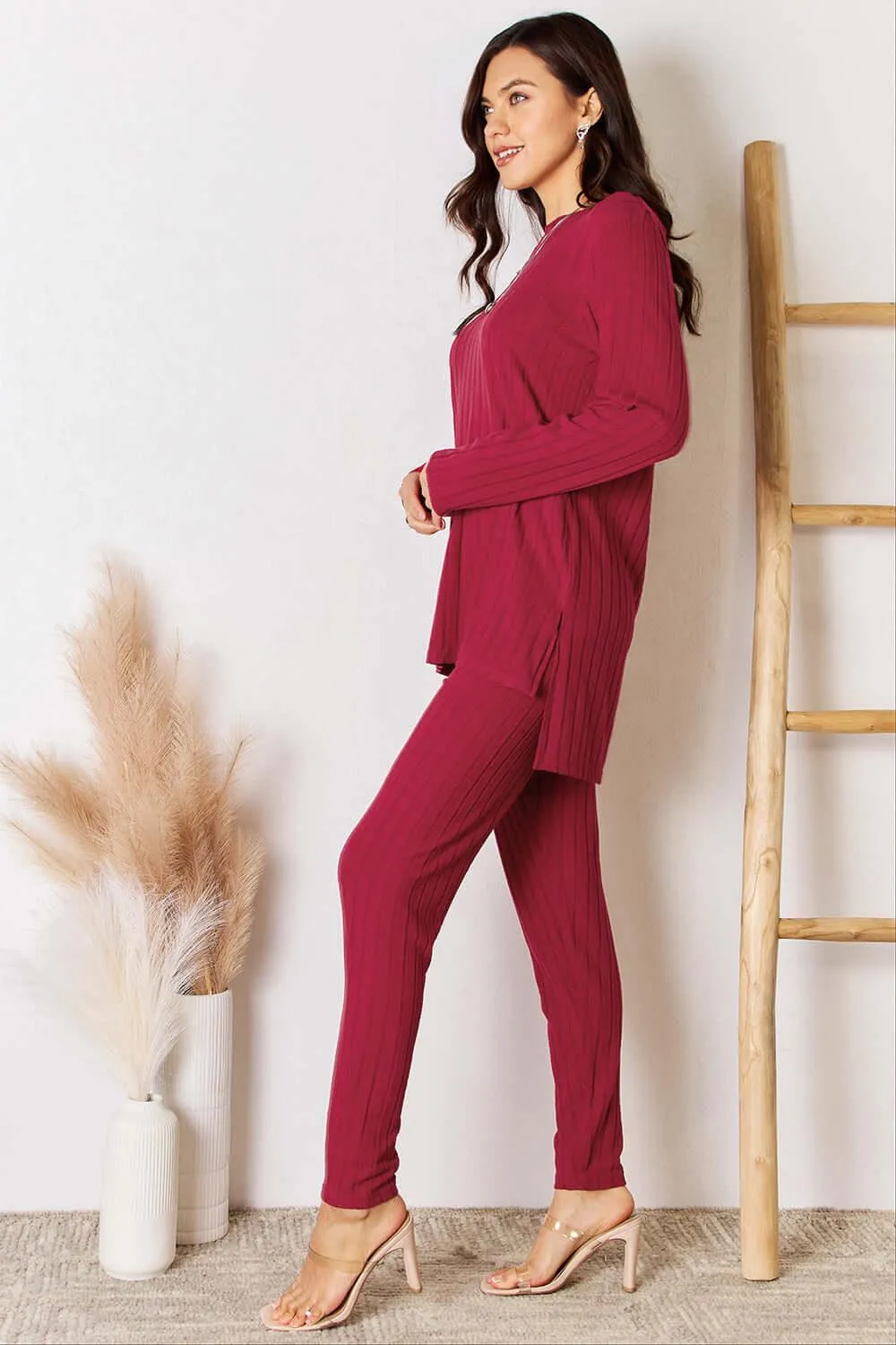 Basic Bae Blue Full Size Ribbed Round Neck High-Low Set