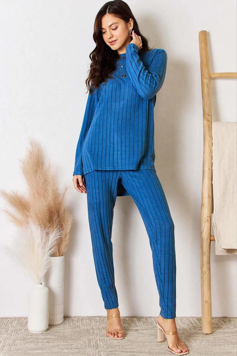 Basic Bae Blue Full Size Ribbed Round Neck High-Low Set