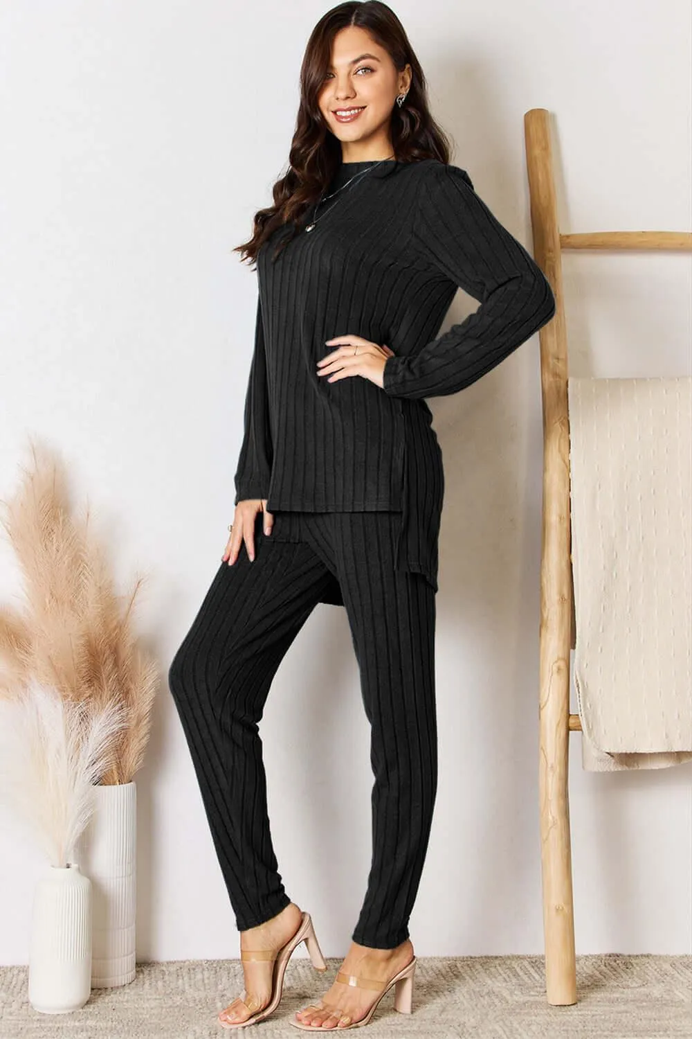 Basic Bae Blue Full Size Ribbed Round Neck High-Low Set