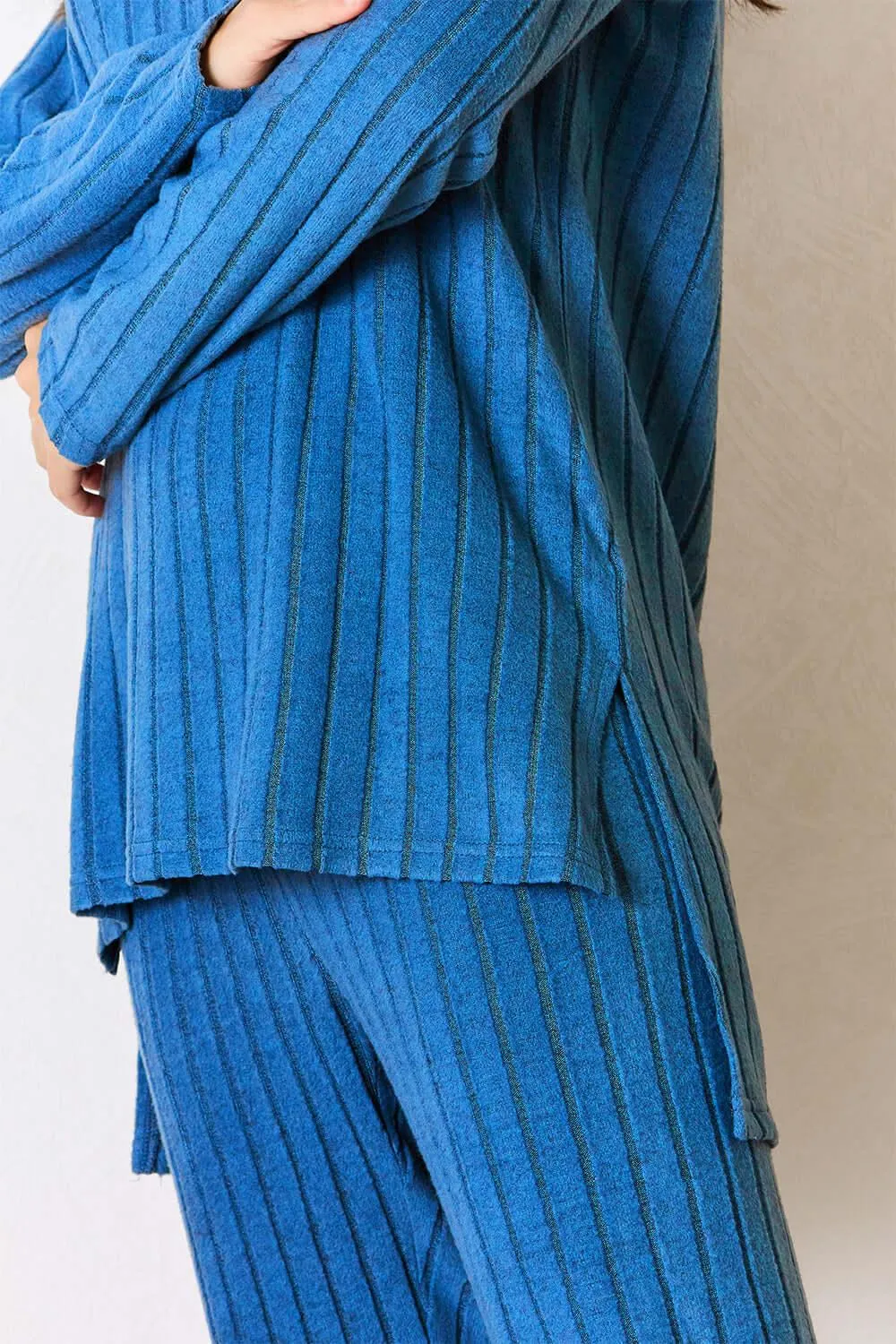 Basic Bae Blue Full Size Ribbed Round Neck High-Low Set