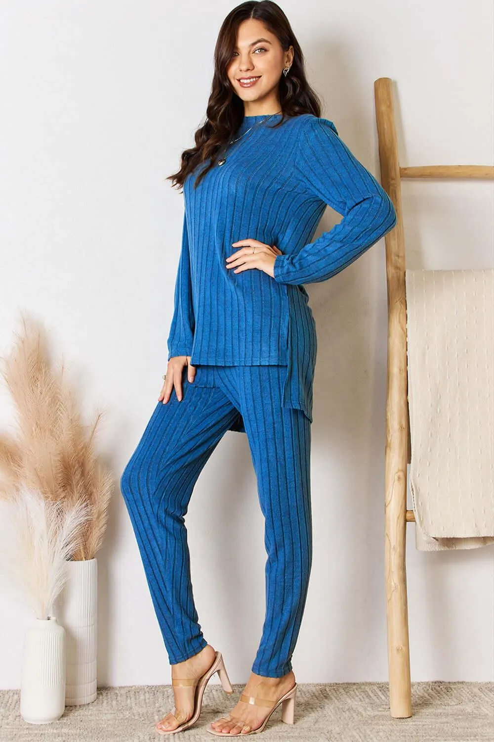 Basic Bae Blue Full Size Ribbed Round Neck High-Low Set