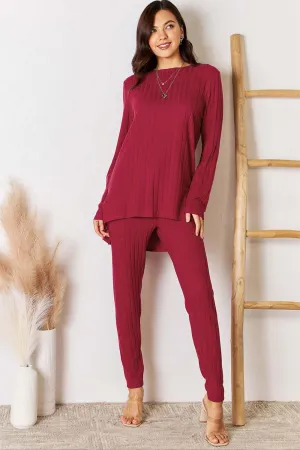 Basic Bae Blue Full Size Ribbed Round Neck High-Low Set
