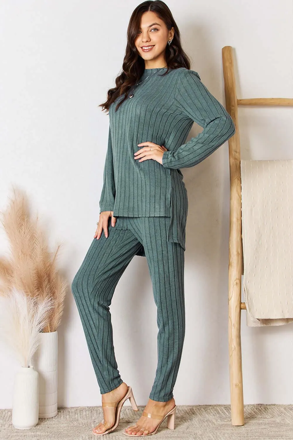 Basic Bae Blue Full Size Ribbed Round Neck High-Low Set