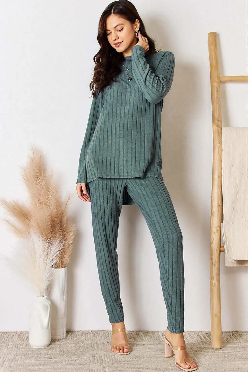 Basic Bae Blue Full Size Ribbed Round Neck High-Low Set