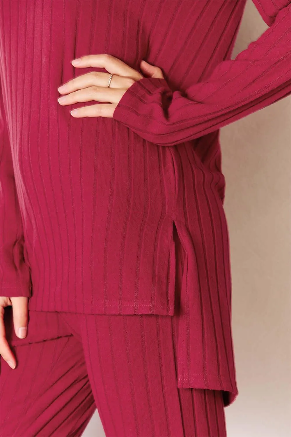 Basic Bae Blue Full Size Ribbed Round Neck High-Low Set