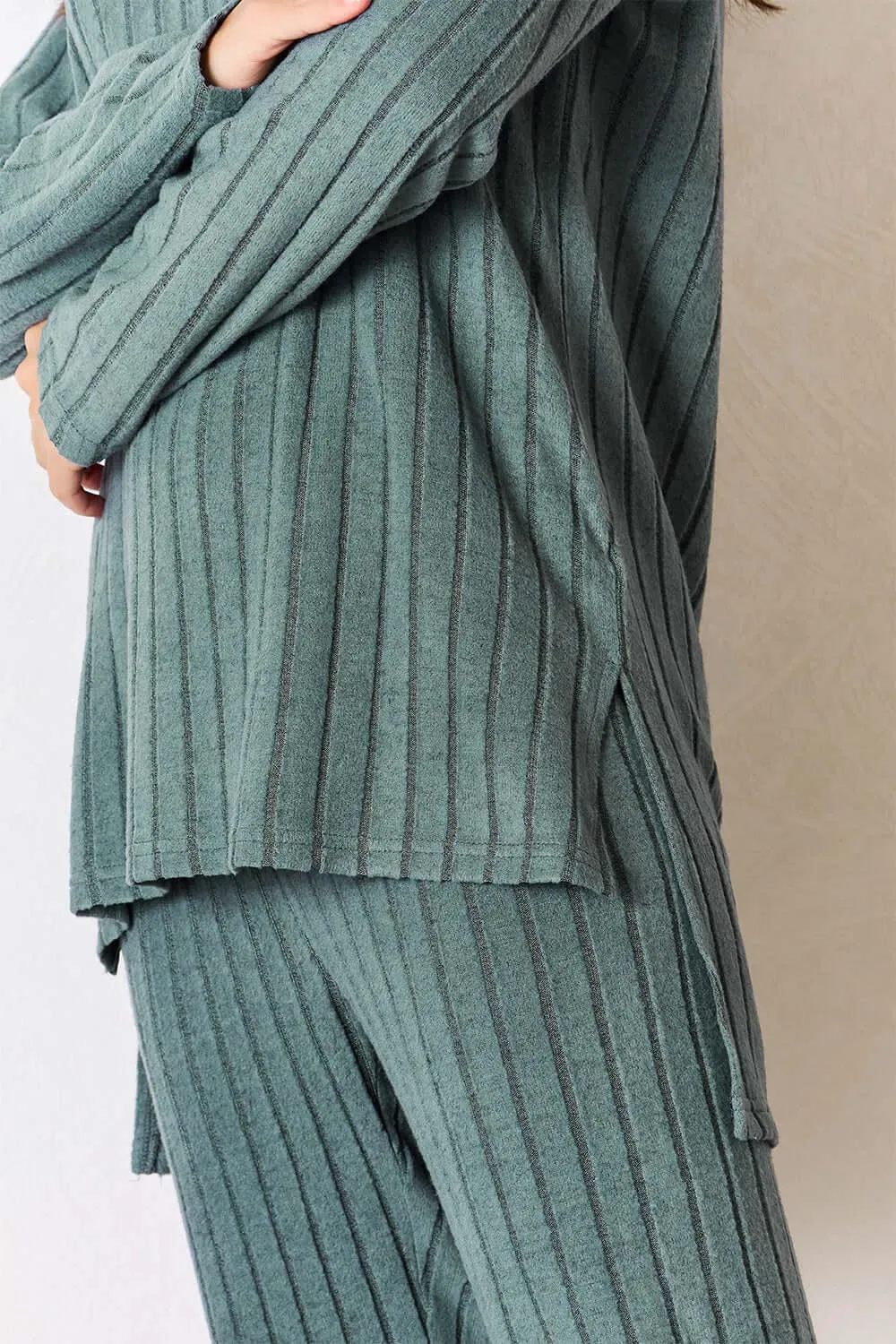 Basic Bae Blue Full Size Ribbed Round Neck High-Low Set