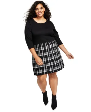 BCX Trendy Plus Size Plaid Fit & Flare Sweater Dress 1235U21 Black / White 3X