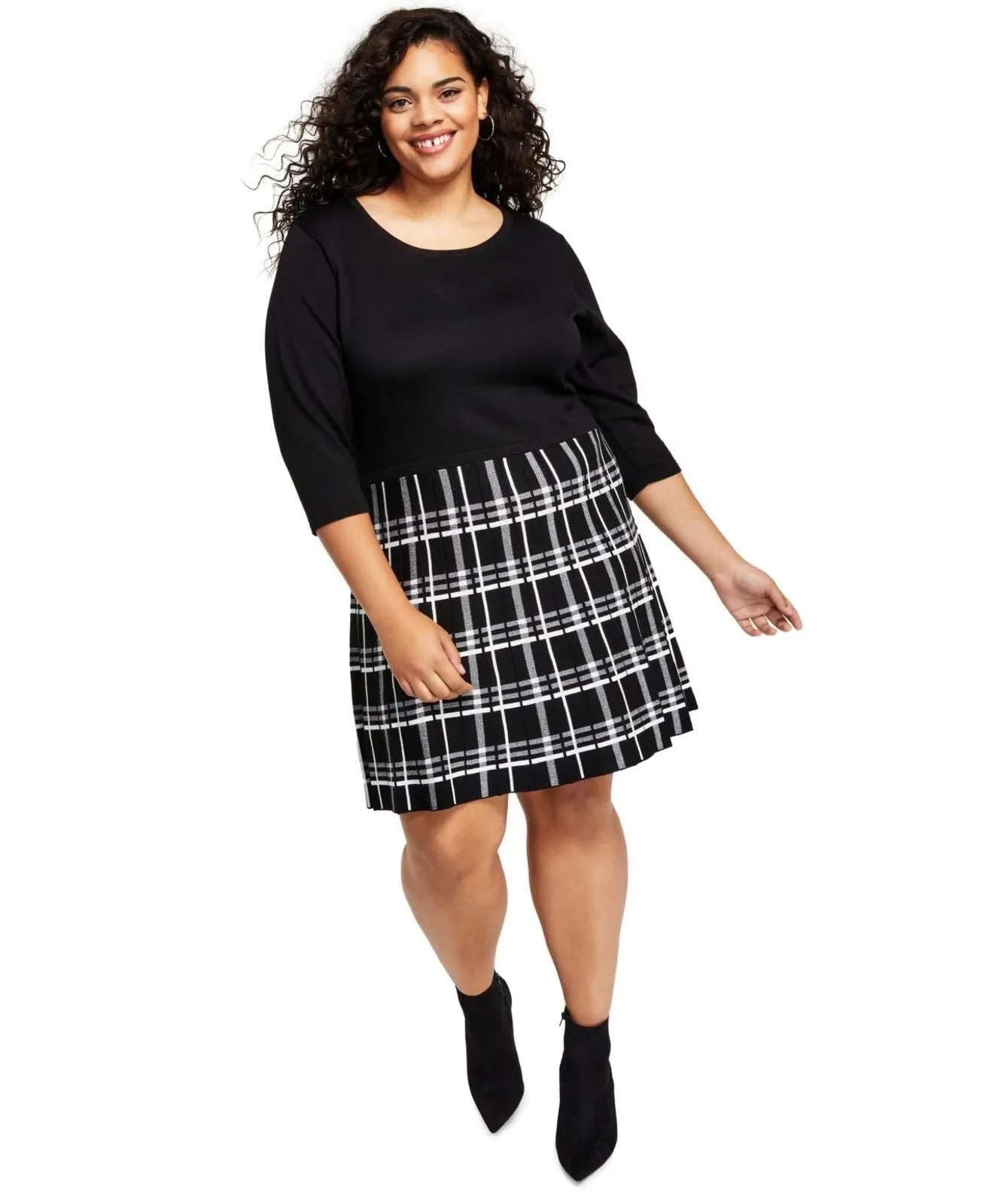 BCX Womens Trendy Plus Size Plaid Fit & Flare Sweater Dress 1235U21