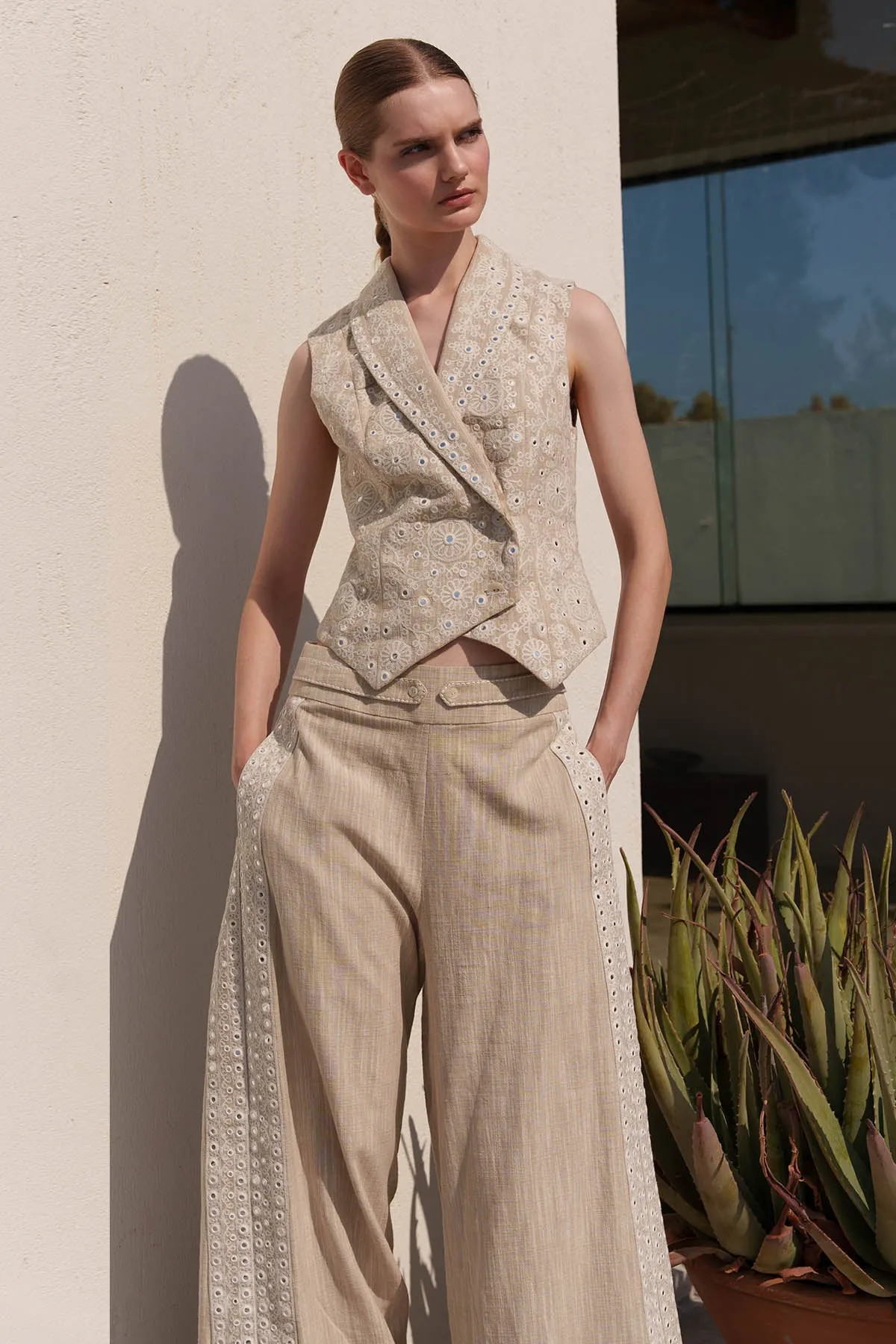 Beige Embroidered Coat & Pants