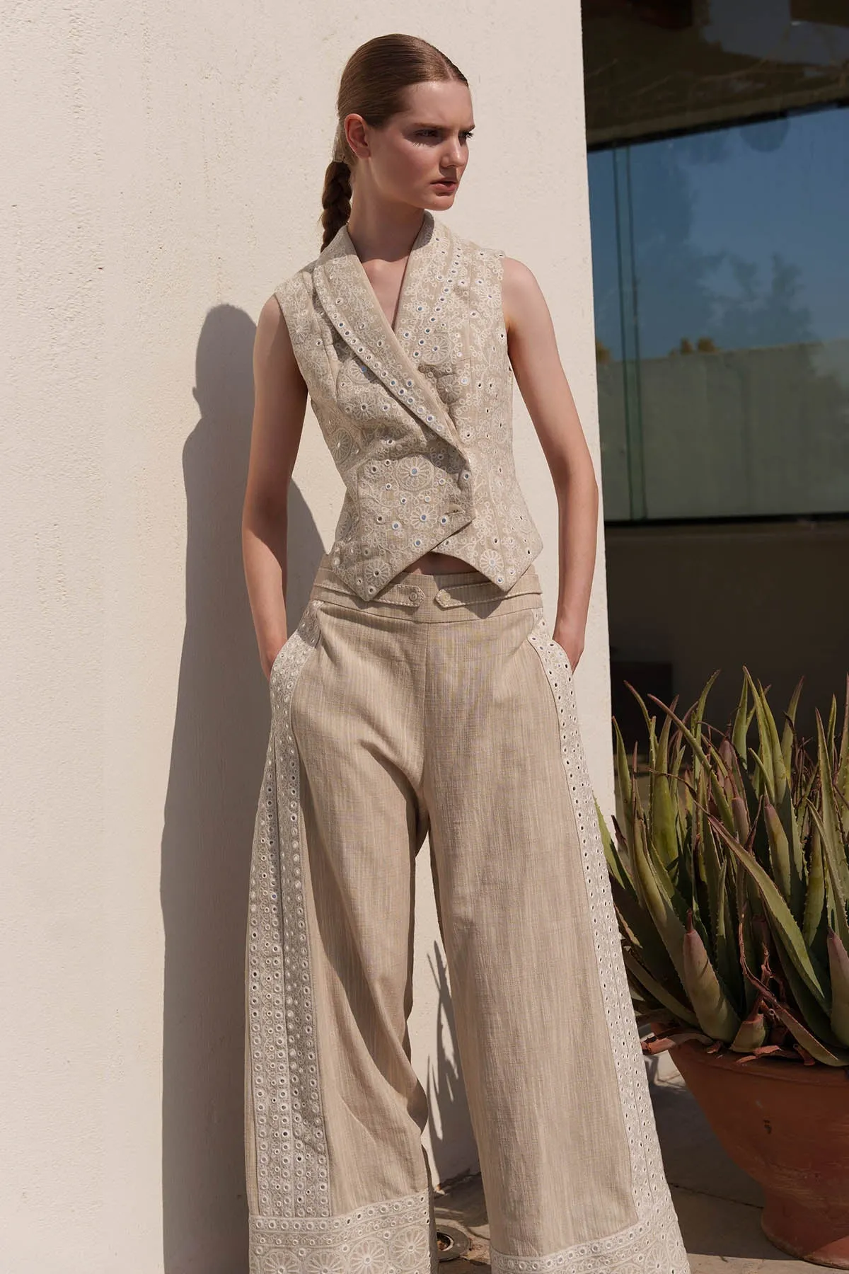 Beige Embroidered Coat & Pants