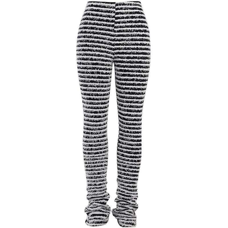 Black and White Striped Knitted Stacked Pants Women Bottoms Streetwear Extra Long High Waist Flare Pants C68-EE42