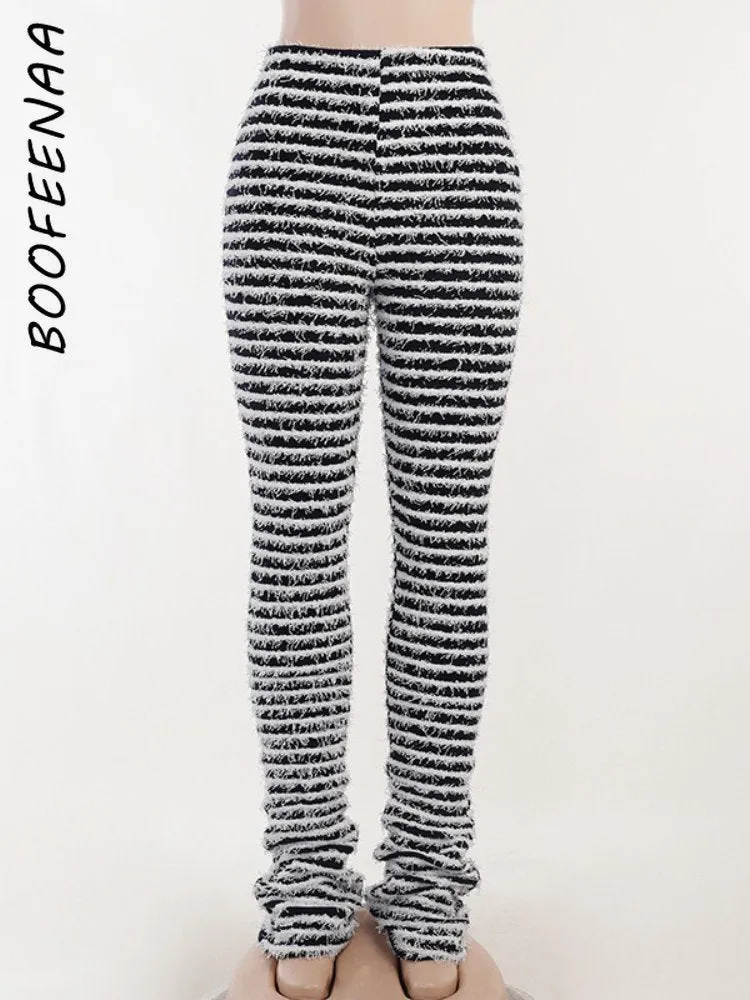 Black and White Striped Knitted Stacked Pants Women Bottoms Streetwear Extra Long High Waist Flare Pants C68-EE42