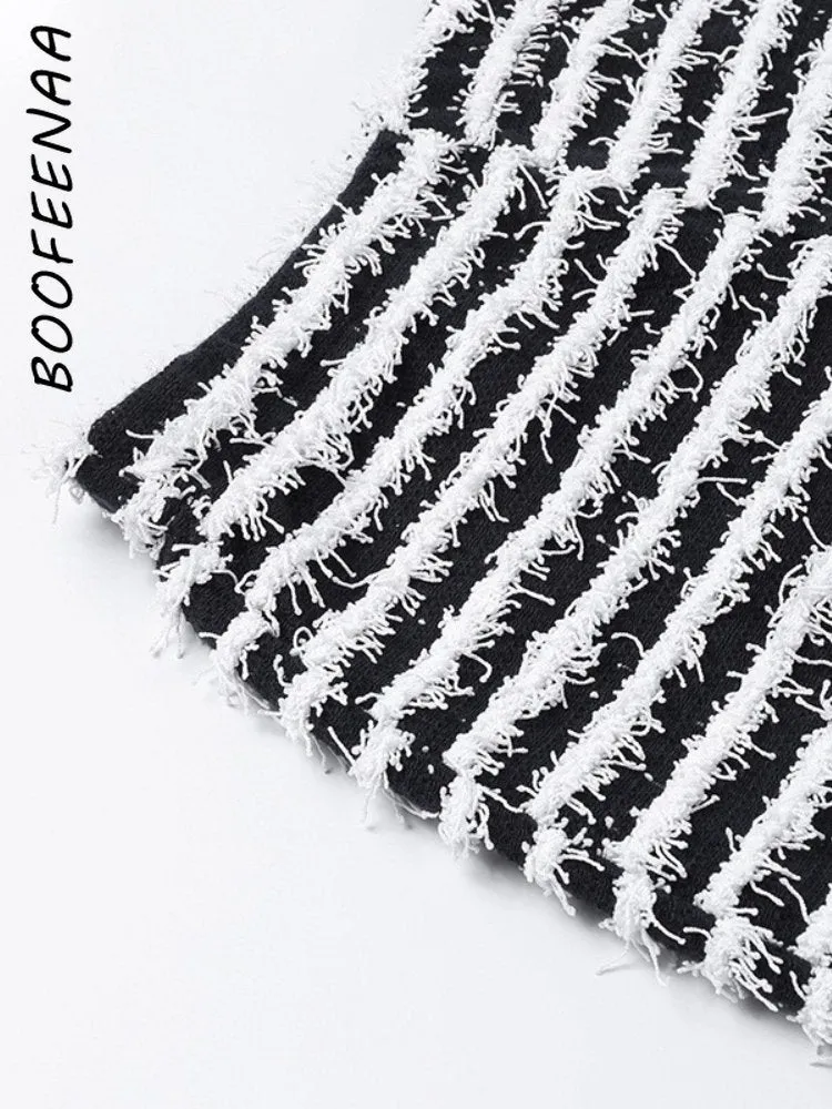 Black and White Striped Knitted Stacked Pants Women Bottoms Streetwear Extra Long High Waist Flare Pants C68-EE42