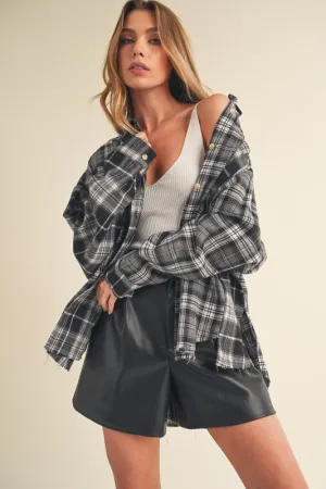 Black Frayed Hem Plaid Button Up Flannel Shirt