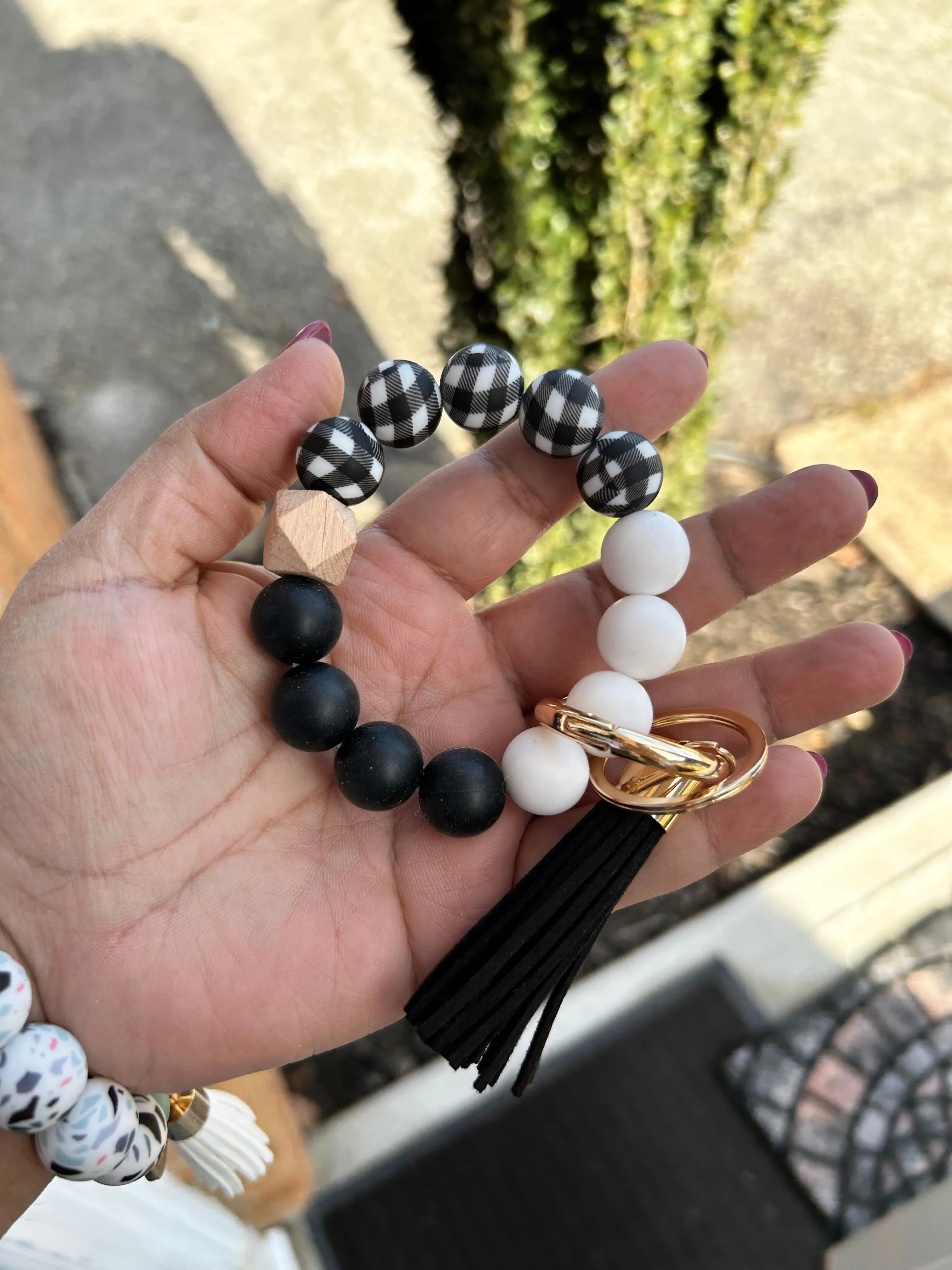 Black Plaid & White Silicone Keychain Wristlet