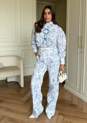 Blue printed ruffle shirt with bows and loose pant