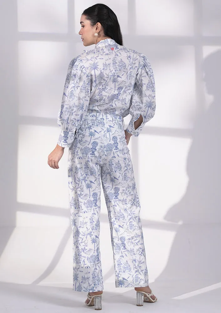Blue printed ruffle shirt with bows and loose pant