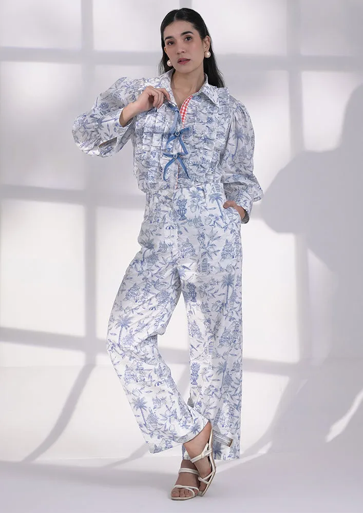 Blue printed ruffle shirt with bows and loose pant
