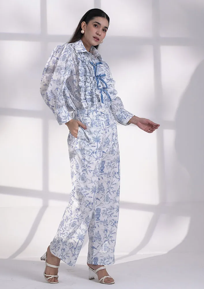 Blue printed ruffle shirt with bows and loose pant